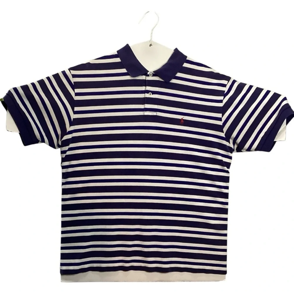 Ralph Lauren Men's Navy and White Striped Polo Shirt Size XL